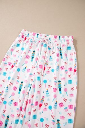 White Christmas Pattern Long Sleeve Top and Wide Leg Pants Set - Image 7