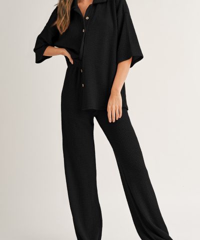 Black Solid Color Textured Buttoned Shirt and Casual Pants Set