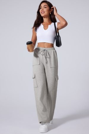Light Grey Multi Pockets Lace-up High Waist Wide Leg Workout Pants - Image 6
