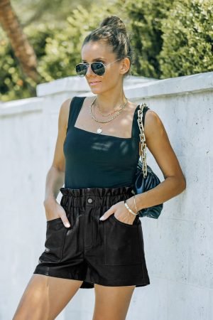 Black Faux Leather Paper Bag Waist High Rise Shorts - Image 4