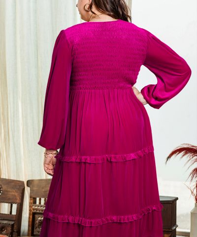 Rose Red Shirred V Neck Tiered Ruffled Velvet Plus Size Maxi Dress