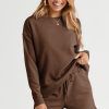 Brown Textured Long Sleeve Top and Drawstring Shorts Set