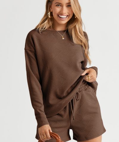 Brown Textured Long Sleeve Top and Drawstring Shorts Set