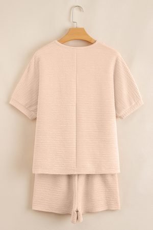Apricot Textured V Neck T Shirt and Shorts Set - Image 4