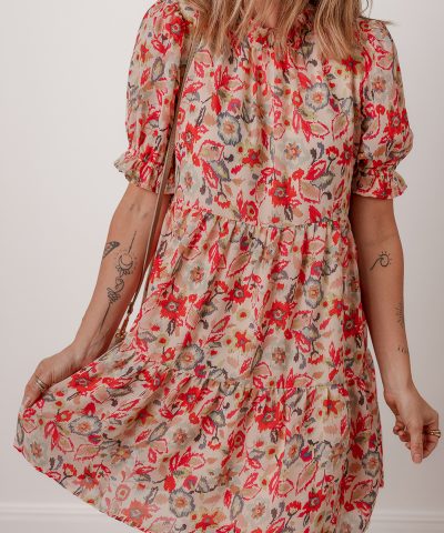 Multicolour Floral Print Frilled Neck Puff Sleeve High Waist Dress