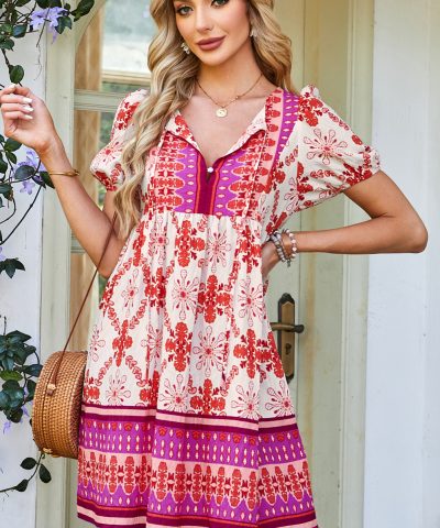 Rose Boho Floral Short Sleeve Lace-up V Neck Mini Dress