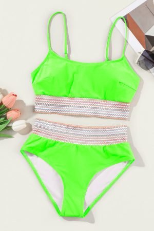 Green Striped Patchwork Spaghetti Strap High Waist Bikini Swimsuit - Image 7