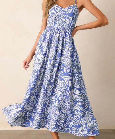 Sky Blue Floral Print Spaghetti Strap High Waist Maxi Dress