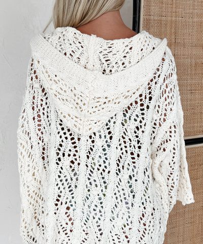 White Fashion Open Knit Hooded Beach Cover Up