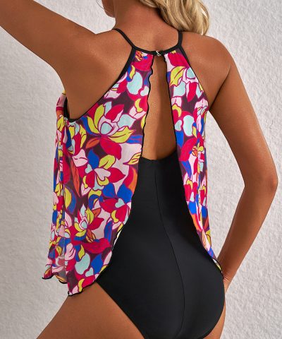 Purple Floral Print O Neck Open Back One Piece Swimsuit