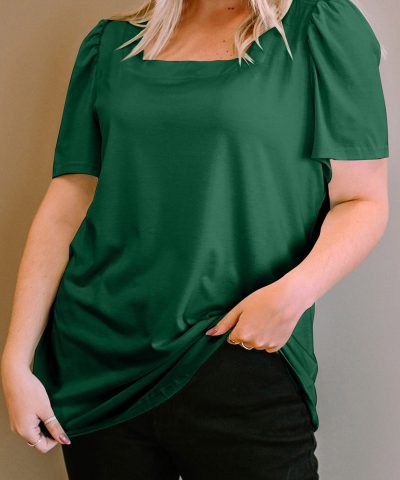 Green Plus Size Square Neck Ruched Shoulder Short Sleeve Top