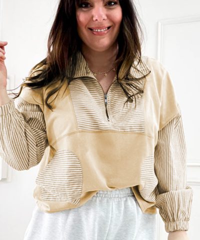 Khaki Stripe Mix Half Zip French Terry Plus Size Sweatshirt