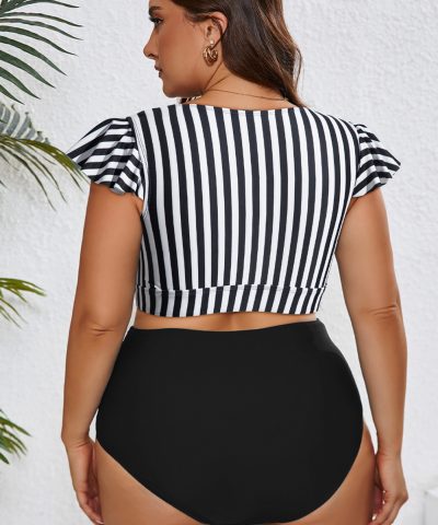 Black Stripe Plus Size Knot Cutout Ruffle Sleeve and High Waisted 2pcs Swimsuit