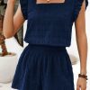 Dirty blue Textured Square Neck Top and Shirred High Waist Shorts Set