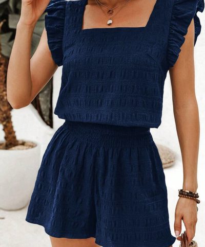 Dirty blue Textured Square Neck Top and Shirred High Waist Shorts Set