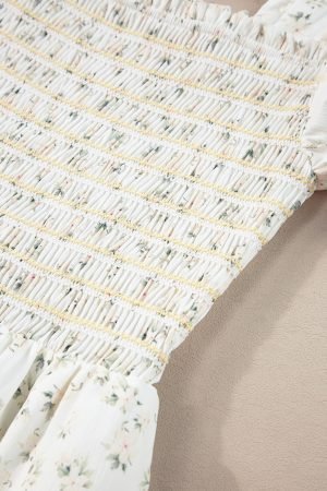 White Frilly Shirred Bodice Tiered Floral Maxi Dress - Image 9