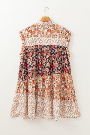 Beige Plus Size Floral Patchwork Button Front Collared Mini Dress - Image 4