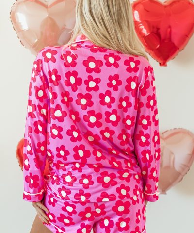 Pink Flower Print Long Sleeve Shirt Shorts Pajamas Set