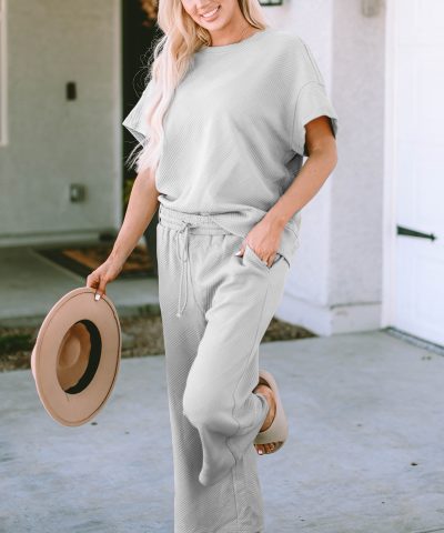 Gray Textured Loose Fit T Shirt and Drawstring Pants Set