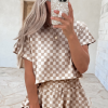 Brown Checkerboard T Shirt and High Waist Skorts 2 Piece Outfit