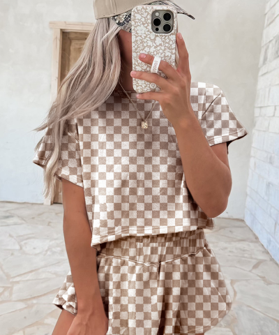 Brown Checkerboard T Shirt and High Waist Skorts 2 Piece Outfit