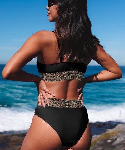 Black Rose Leopard Mesh Trim 2pcs Bikini Swimsuit