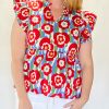 Red Plus Size Floral Print Ruffle Trim Split Neck Peplum Top