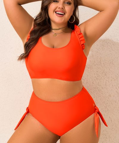 Orange Ruffled Trim Knotted High Waist Plus Size Bikini Set