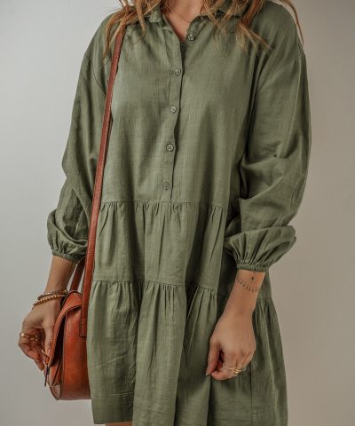 Jungle Green Puff Sleeve Buttoned Tiered Pleated Shirt Mini Dress
