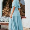 Light Blue Puff Sleeve Pleated High Waist Flowy Midi Dress