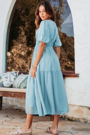 Light Blue Puff Sleeve Pleated High Waist Flowy Midi Dress