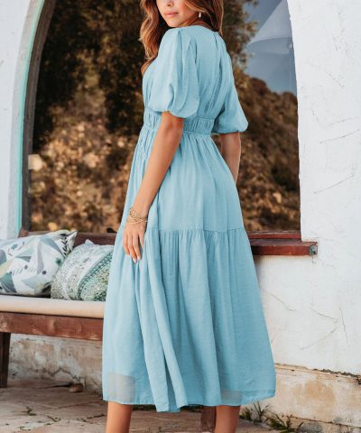 Light Blue Puff Sleeve Pleated High Waist Flowy Midi Dress