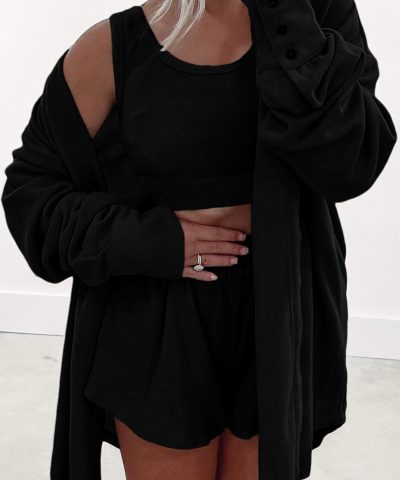Black 3 Pcs Crop Tank Top Shorts with Cardigan Lounge Set