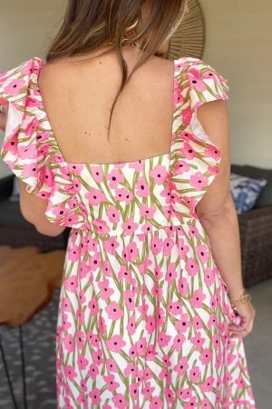 Pink Plus Size Ruffle Trim Square Neck High Waist Floral Maxi Dress - Image 2