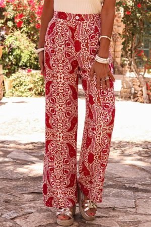 Red Paisley Printed Buttoned High Waist Straight Leg Pants - Image 5