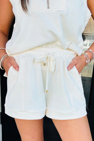 White Textured Half Zip Tank Top Drawstring Shorts Set - Image 6