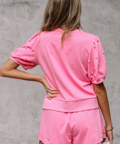 Pink Contrast Bow Trim Pearl Puff Sleeve Blouse and Skort 2pcs Set