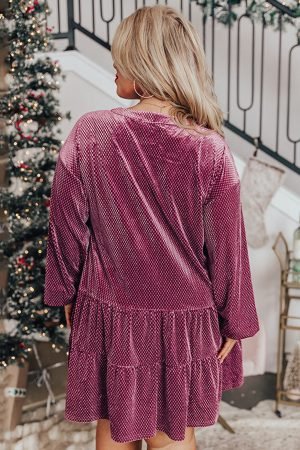 Meadow Mauve Plus Size Textured Velvet Tiered Buttons Tiered Dress - Image 3