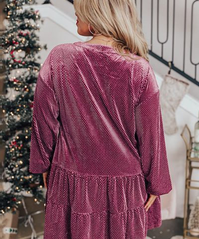 Meadow Mauve Plus Size Textured Velvet Tiered Buttons Tiered Dress