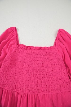 Sachet Pink Swiss Dot Smocked Frilled Neckline Short Sleeve Plus Size Dress - Image 8