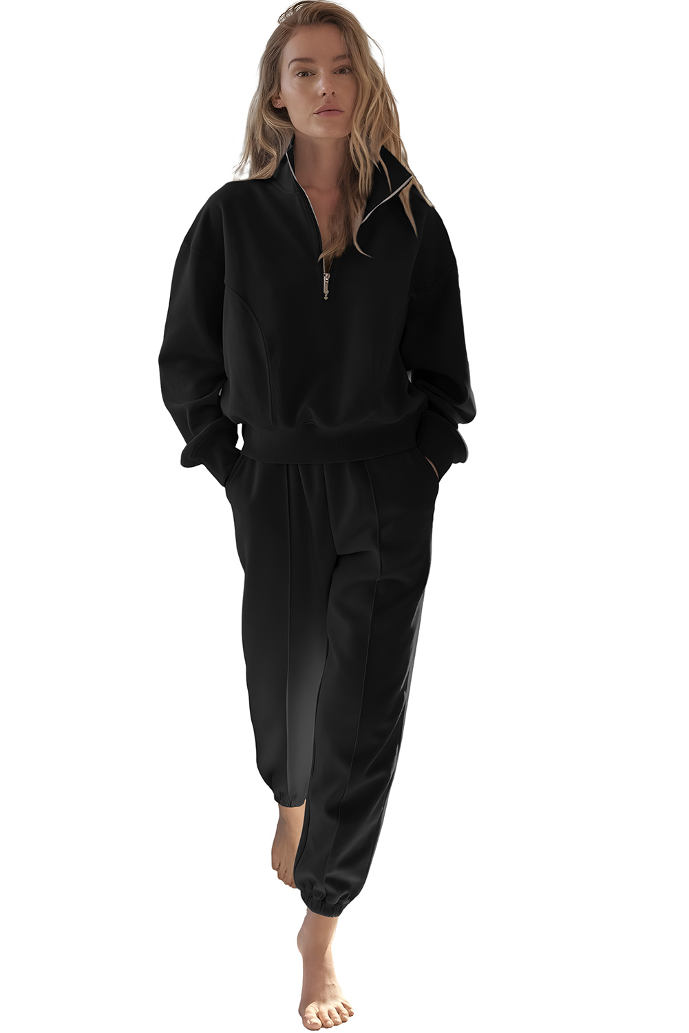 Black Half Zip up Pullover Active Top and Joggers Set Black Half Zip up Pullover Active Top and Joggers Set