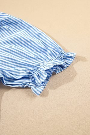 Sky Blue Stripe Bubble Short Sleeve Tiered Scallop Long Dress - Image 9