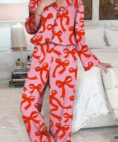 Pink 2pcs Bow Print Shirt Style Long Sleeve Pajama Set