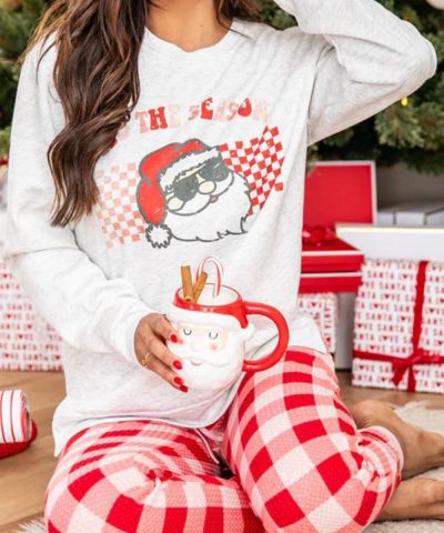 Multicolor Christmas Claus Graphic Top Plaid Pants Lounge Set