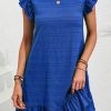 Dark Blue Textured Flutter Sleeve Ruffled Mini Dress