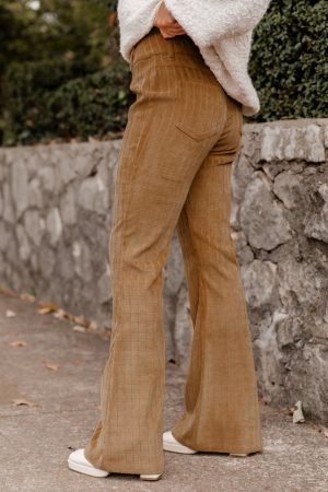 Grapefruit Orange Checkered Corduroy Flare High Waist Pants - Image 2