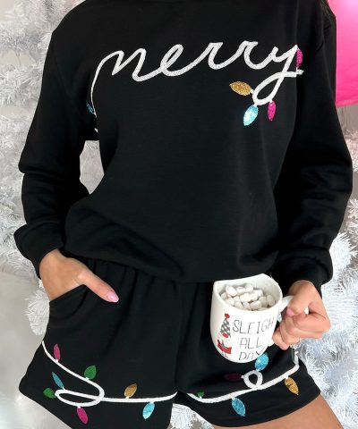 Black Sequin Merry Graphic Pullover and Shorts Outfit
