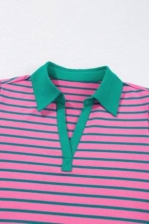 Rose Stripe Collared V Neck Puff Sleeve Shift T Shirt Dress with Pockets - Image 8