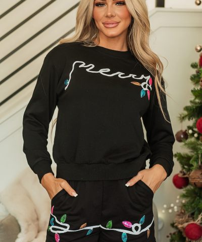 Black Sequin Merry Graphic Pullover and Shorts Outfit