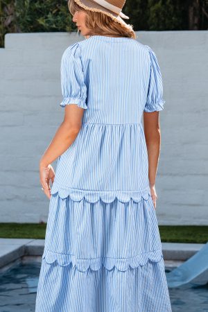 Alternative view of Sky Blue Stripe Bubble Short Sleeve Tiered Scallop Long Dress